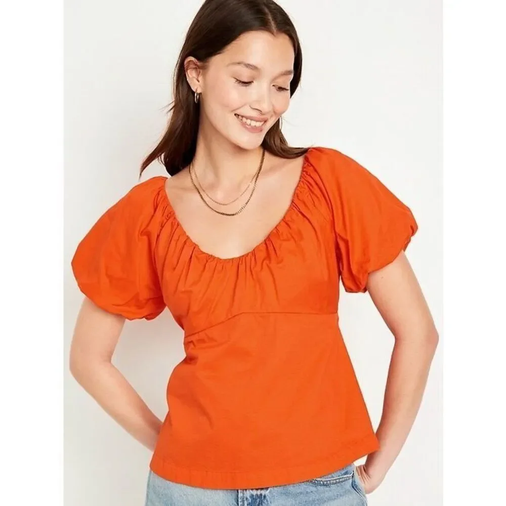 Old Navy Puff Sleeve Top Size XL Orange Smocked Back Empire Waist